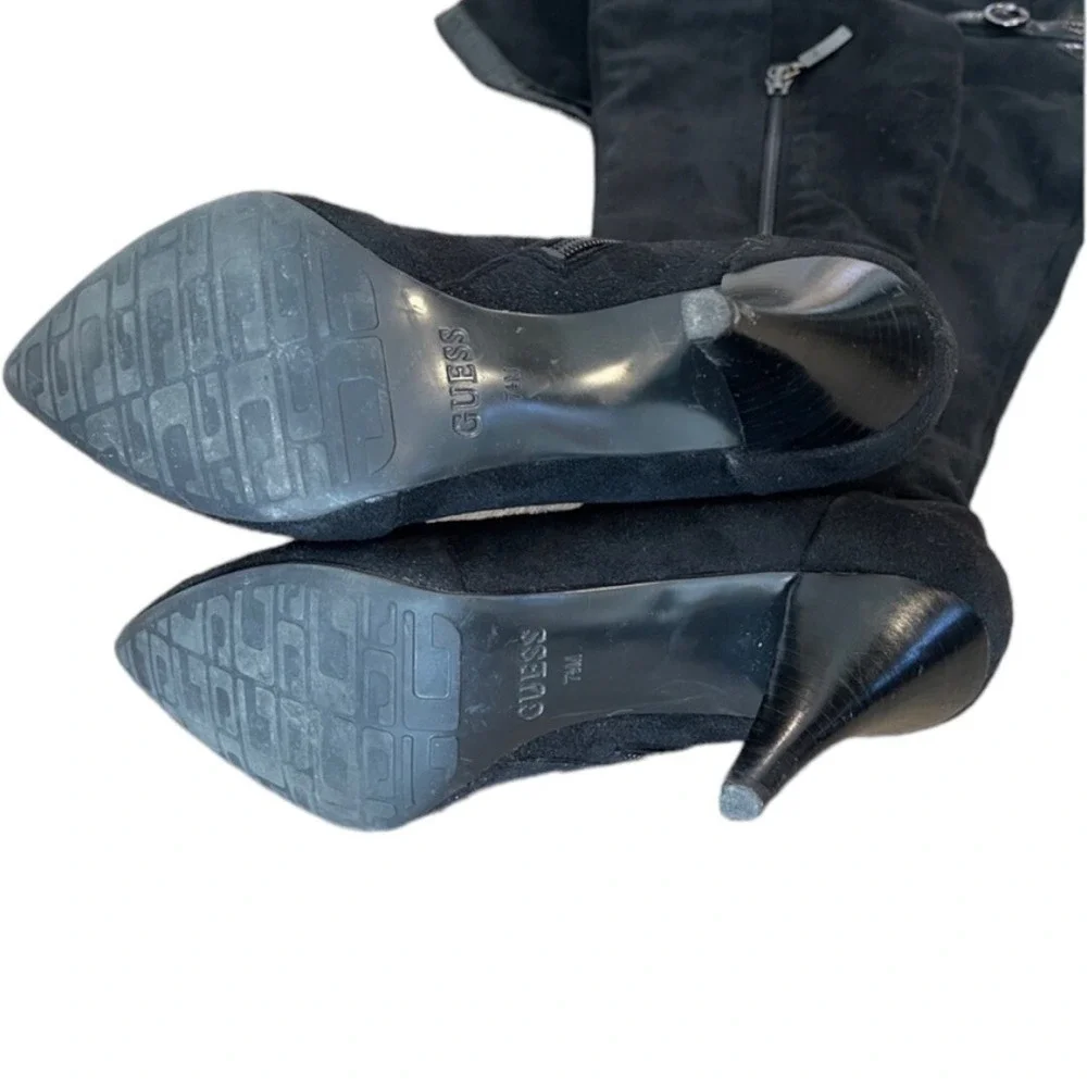 Guess Funke‎ Black Suede Thigh High Heeled Boots Pointed Toe Buckle Detail 7.5